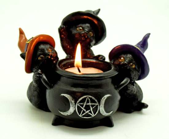 CANDLE HOLDER 3 WITCHY CATS