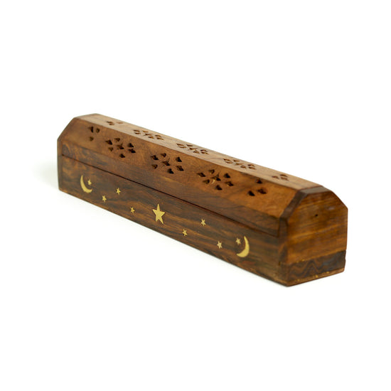 INCENSE BURNER WOODEN BOX WITH MOON & STAR